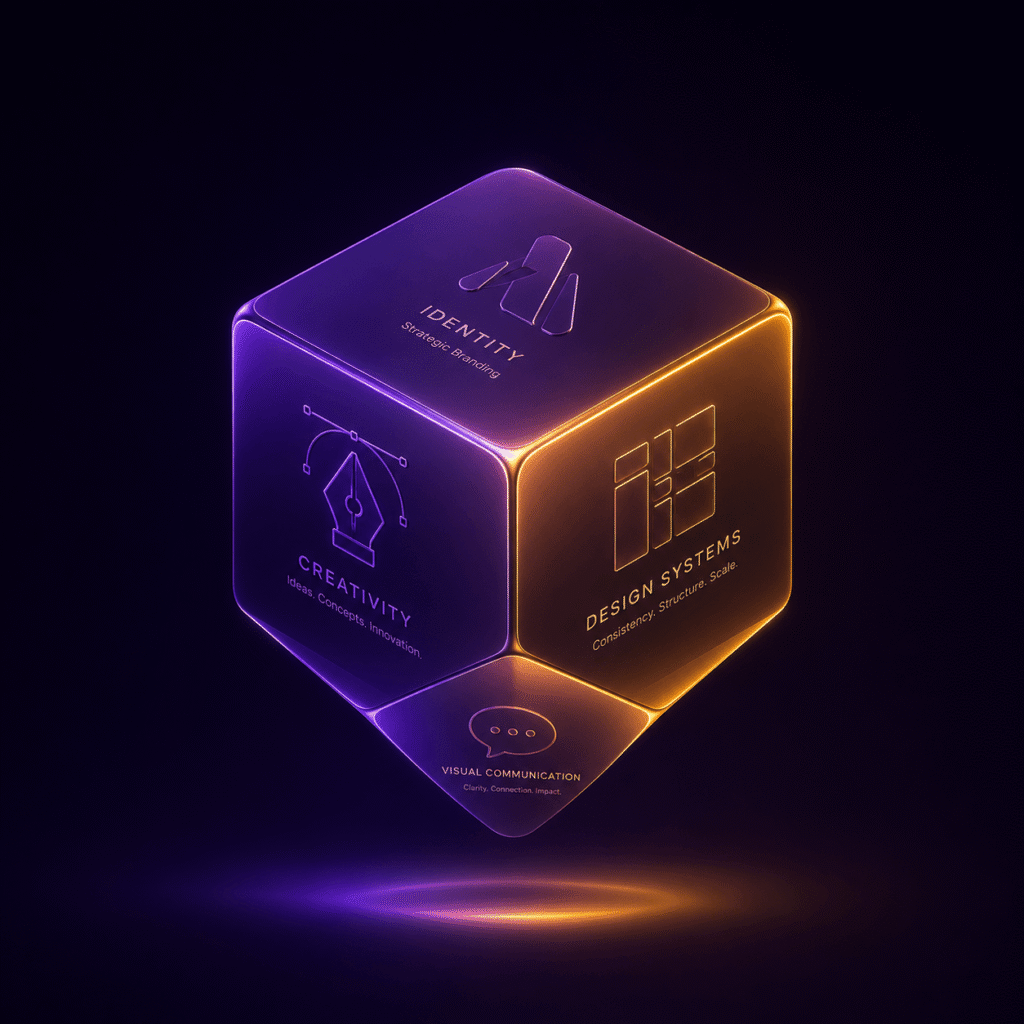 Minimalist 3D branding and creative design illustration representing brand identity, graphic design, UI UX design, presentation design, and design systems.