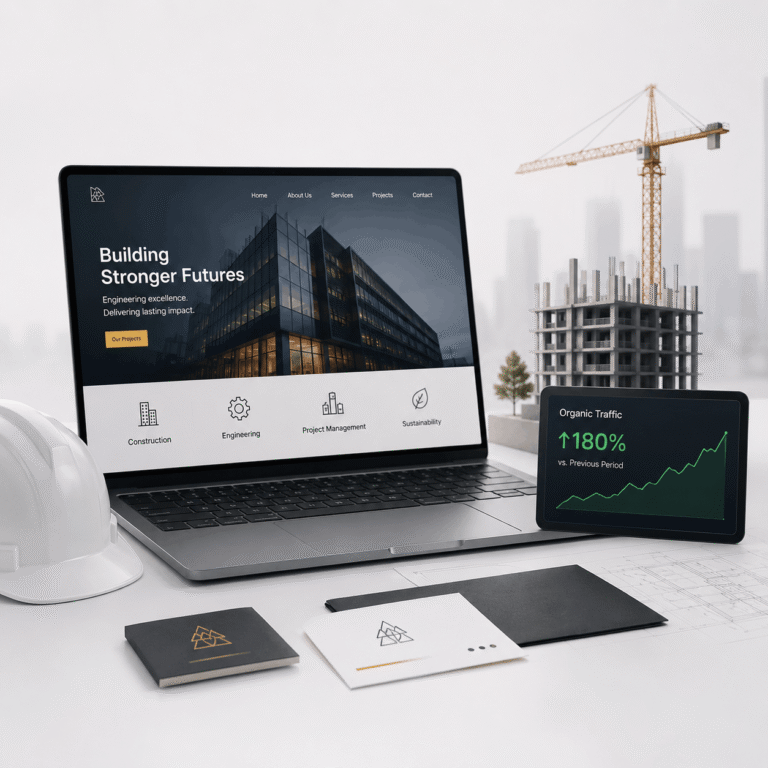 Modern construction company website redesign showcasing corporate branding, SEO strategy, analytics dashboard, and digital transformation for an engineering business.