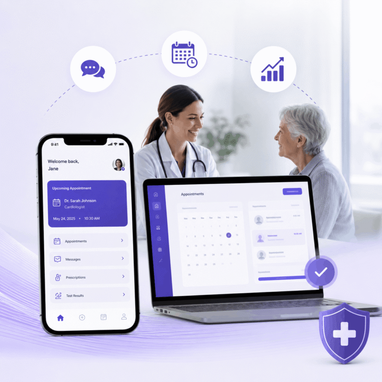 Clean healthcare digital platform featuring an online patient portal, appointment scheduling system, and modern healthcare website interface improving patient communication.