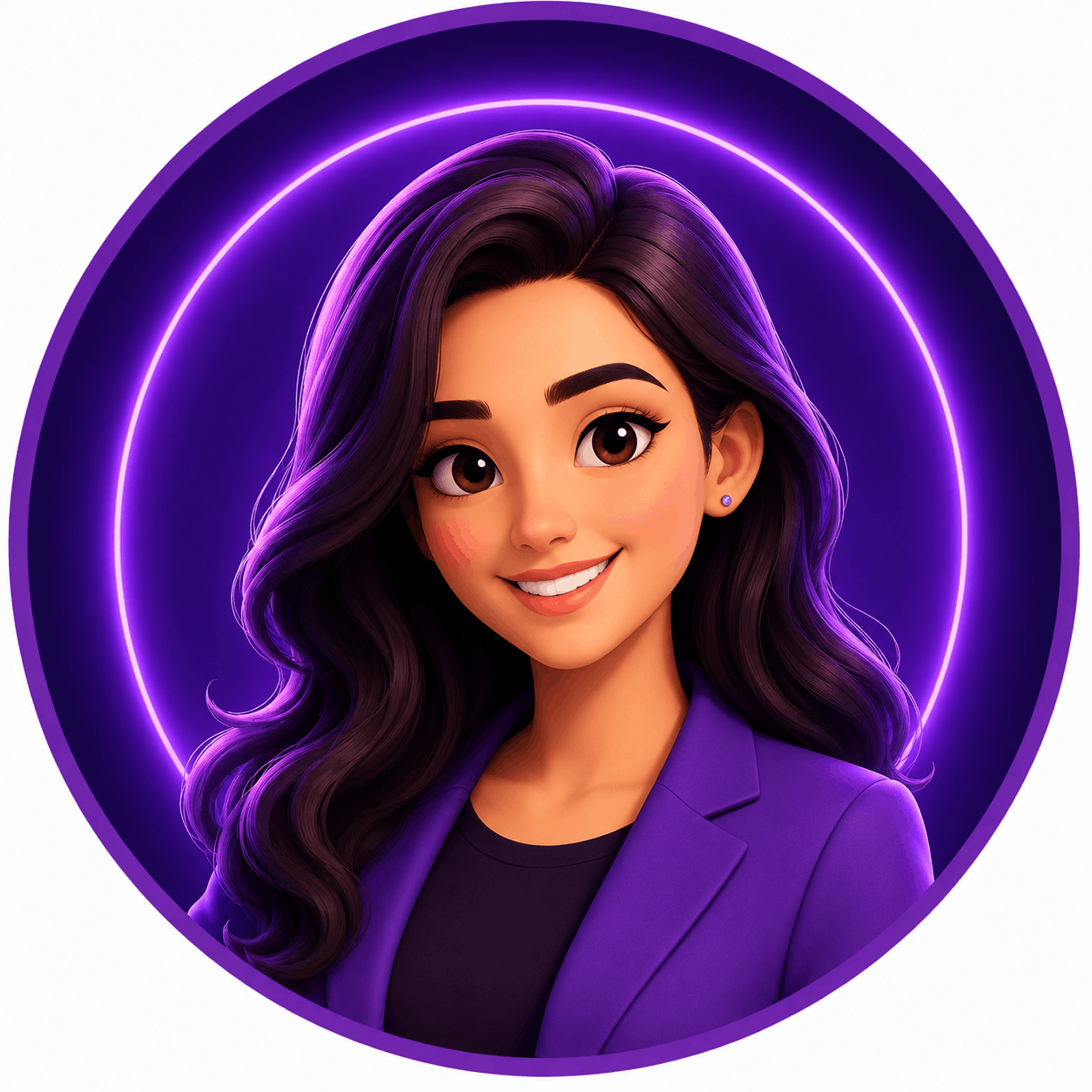 Professional 3D cartoon-style female client avatar with a modern purple gradient background for a business testimonial section.