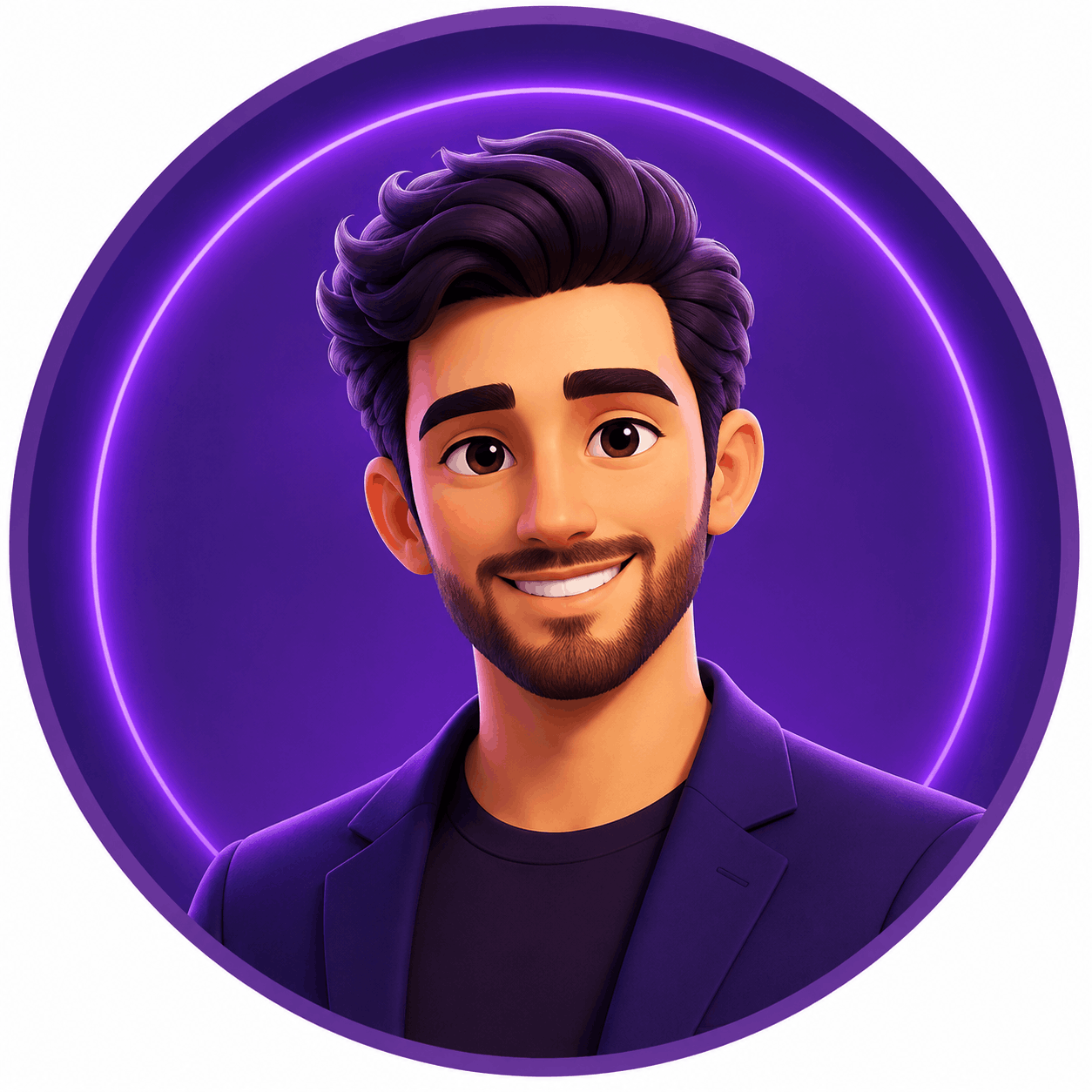 Professional 3D cartoon-style male client avatar with a modern purple gradient background for a business testimonial section.