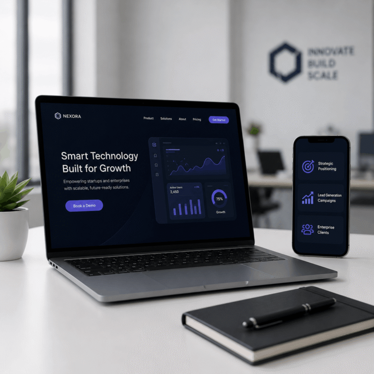 Modern technology startup landing page with brand positioning, lead generation dashboard, and digital growth strategy designed to attract enterprise clients.